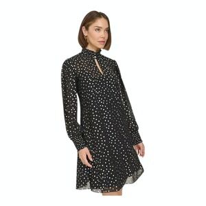 Tommy Hilfiger Women's Foil Dot Chiffon Smocked Trim Dress Black Size 8